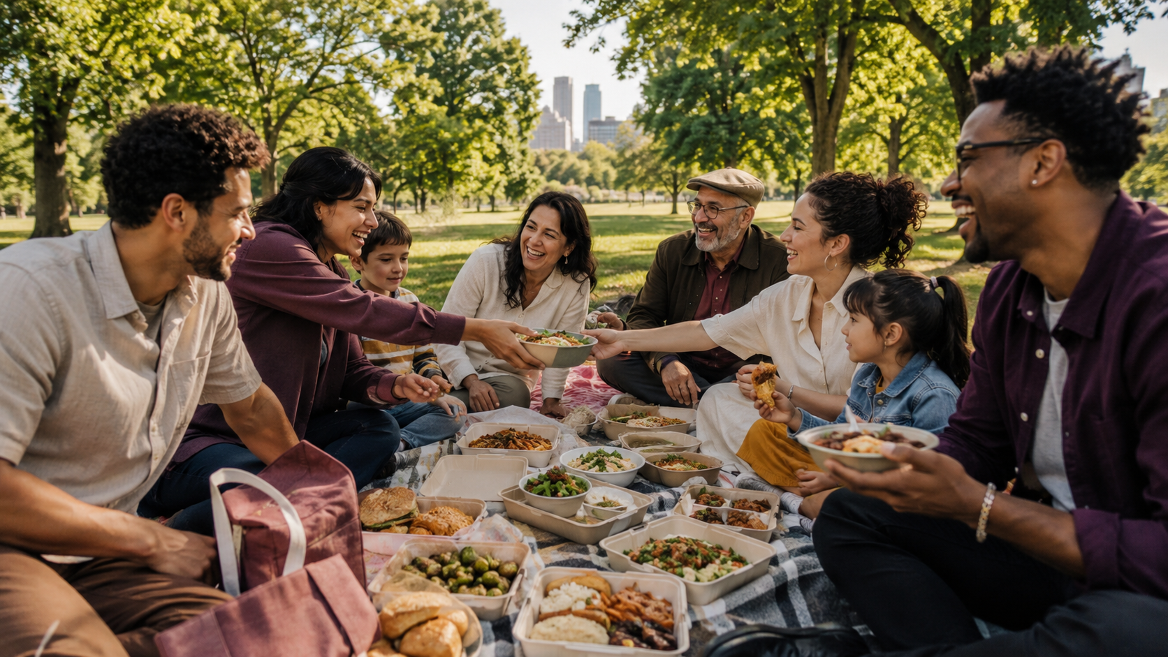 Friends sharing food from local restaurants at a park